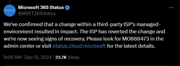 Figure 1: Update from the Microsoft 365 Status X Account 